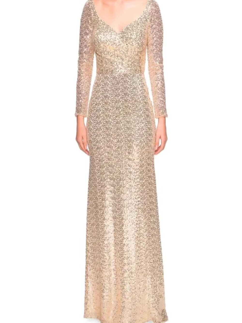 La Femme Light Gold Long Sleeve Sequins V-Neck Gown